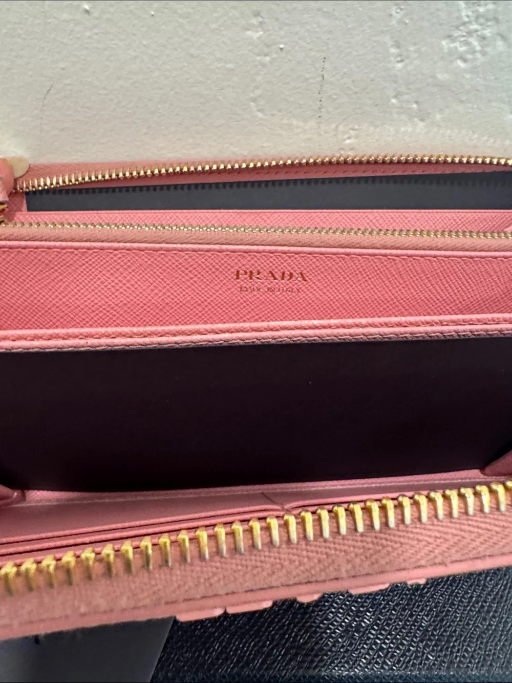 Prada Pink Saffiano Zip Wallet with Gold Hardware